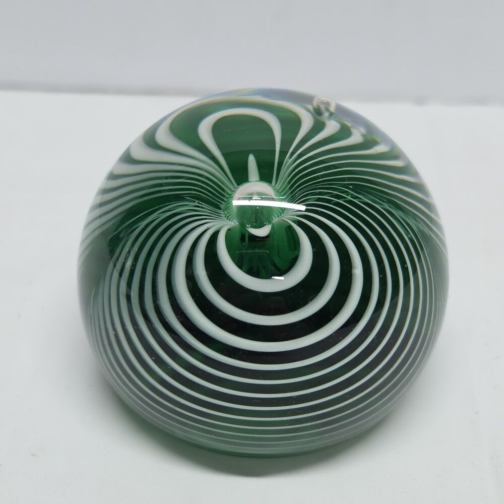Vintage Michael Nourot Signed Zebra Stripe Green and White Art Glass Paperweight